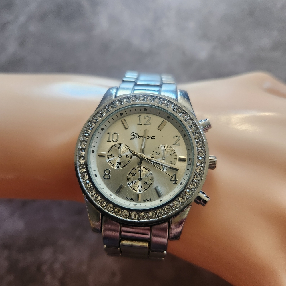 Geneva Silver Watch with Crystal Detailing